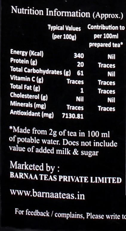 Nutrition Information Label for Barnaa Wellness CTC Tea