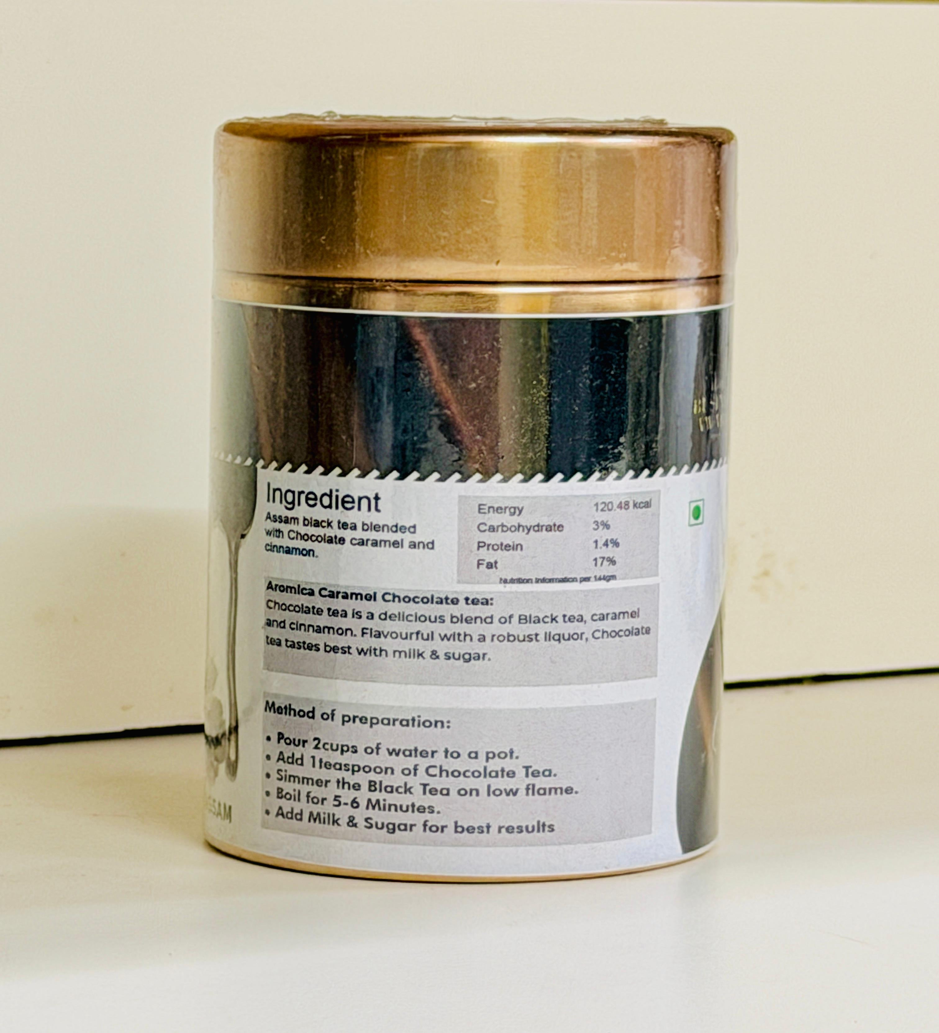 Aromica Caramel Chocolate Tea Canister with Ingredient Label