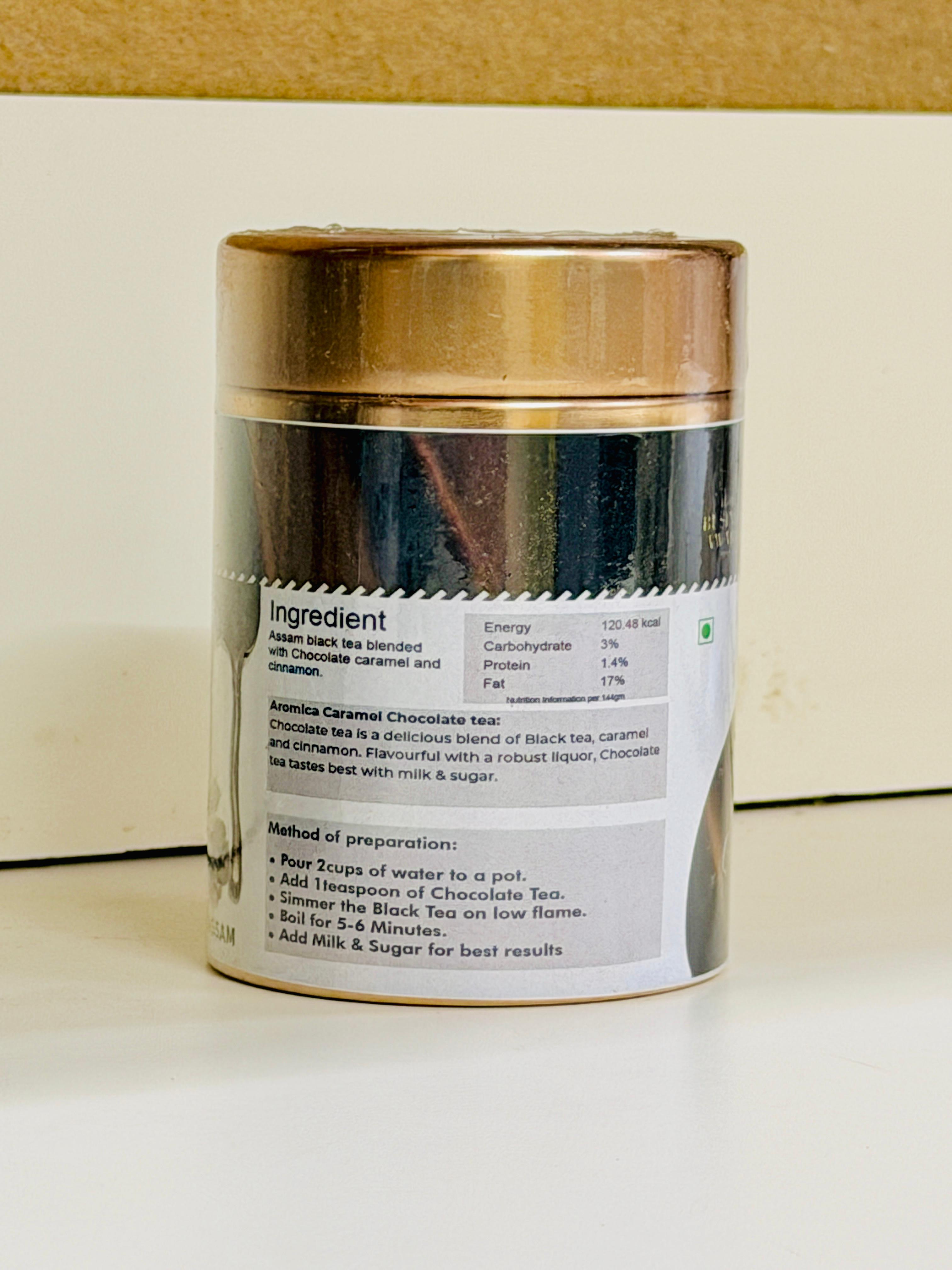Aromica Caramel Chocolate Tea Canister with Ingredient Label
