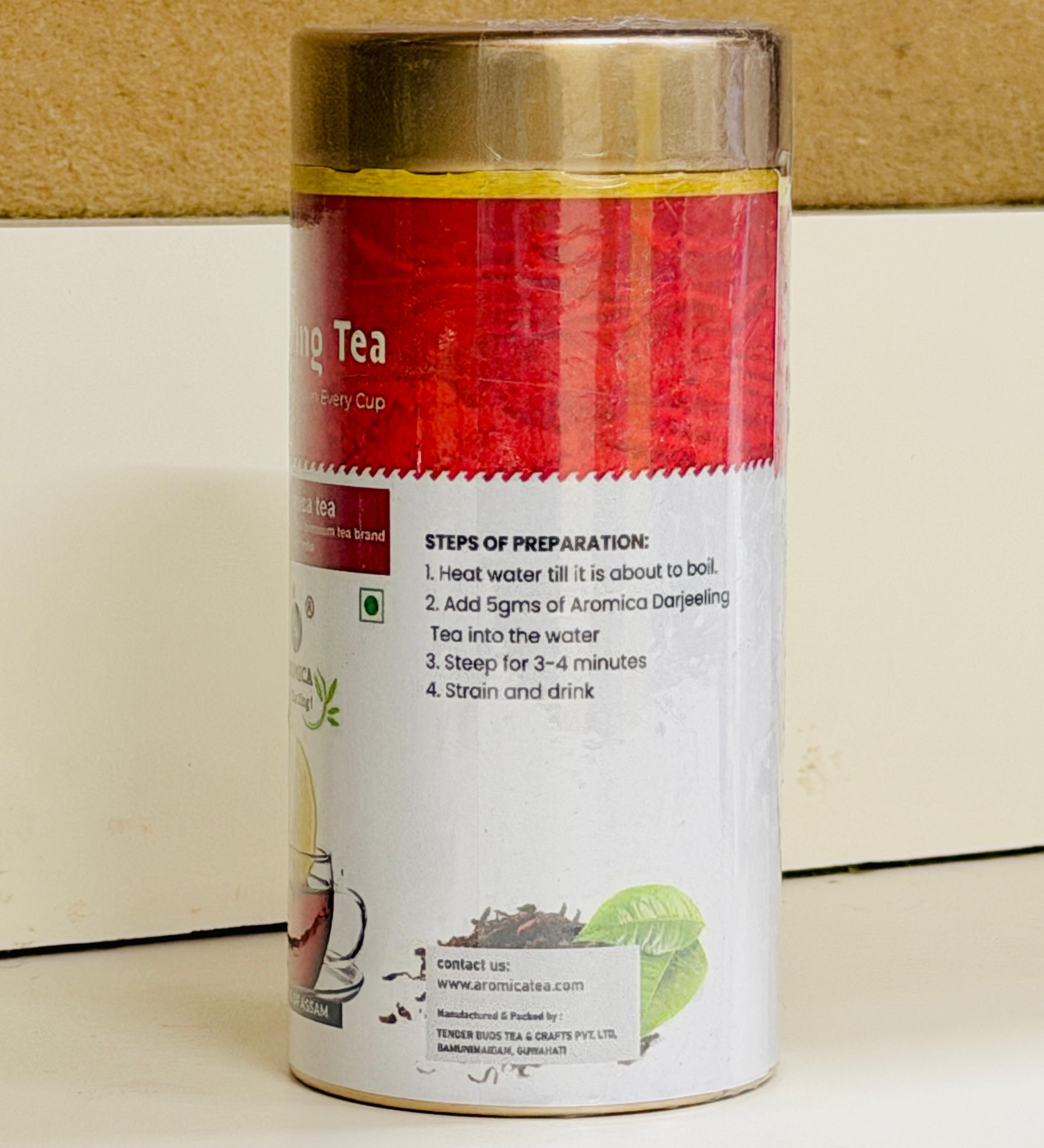 Aromica Himalayan Darjeeling Premium Tea Can with Steps of Preparation Label