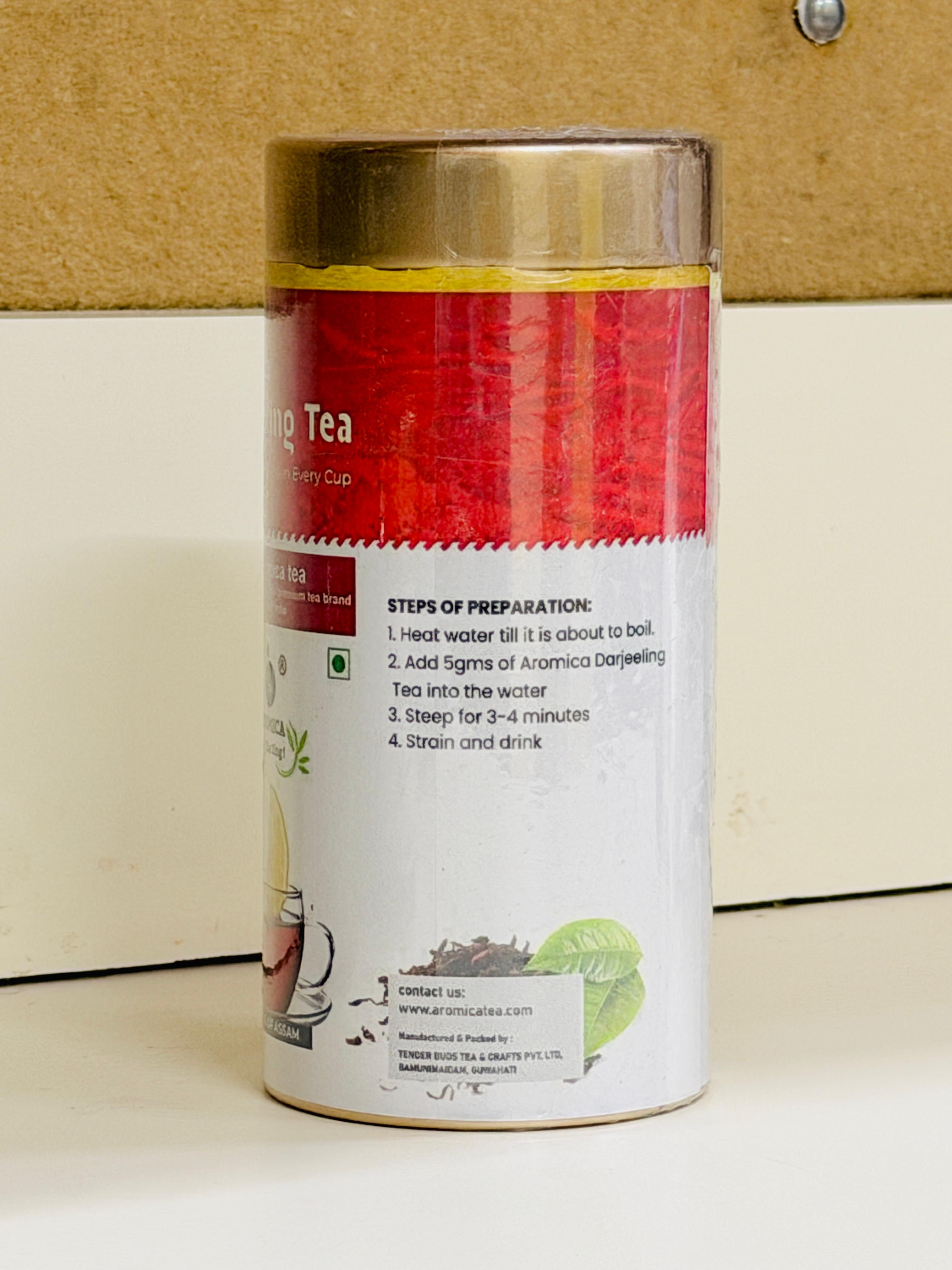 Aromica Himalayan Darjeeling Premium Tea Can with Steps of Preparation Label
