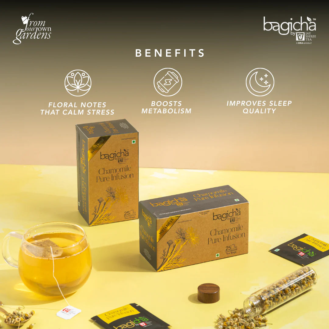 Bagicha Chamomile Pure Infusion Pack with Benefits Listed