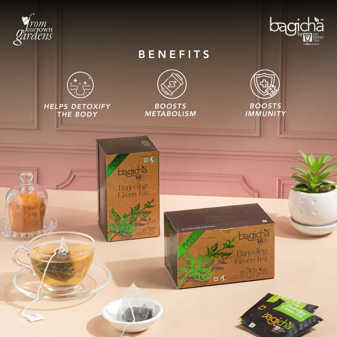 Bagicha Darjeeling Green Tea Box with Benefits Listed