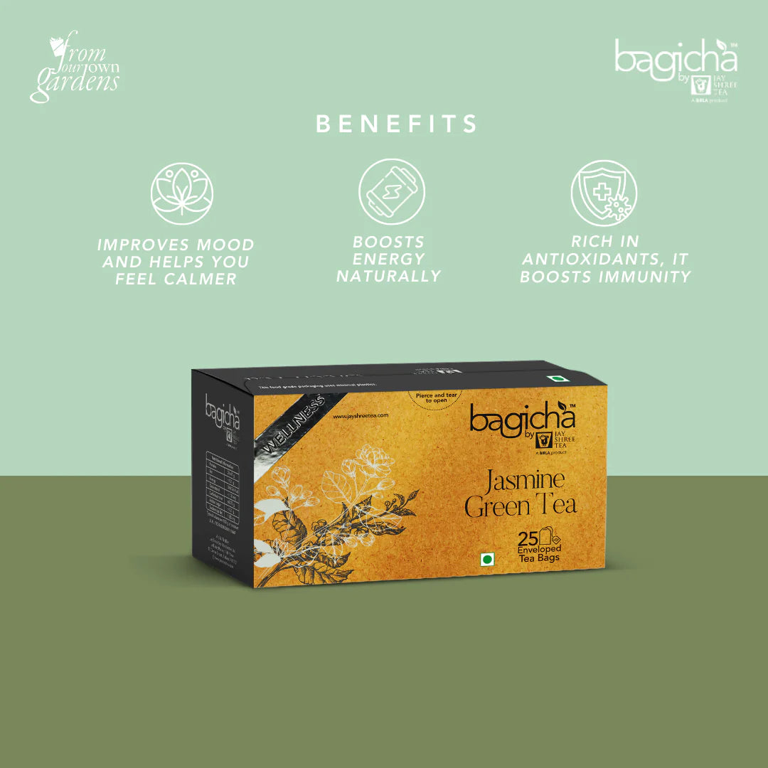 Bagicha Jasmine Green Tea Box with Benefits Listed
