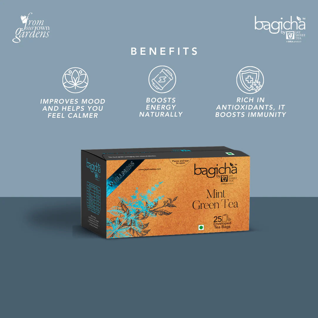 Bagicha Mint Green Tea Box with Benefits Listed