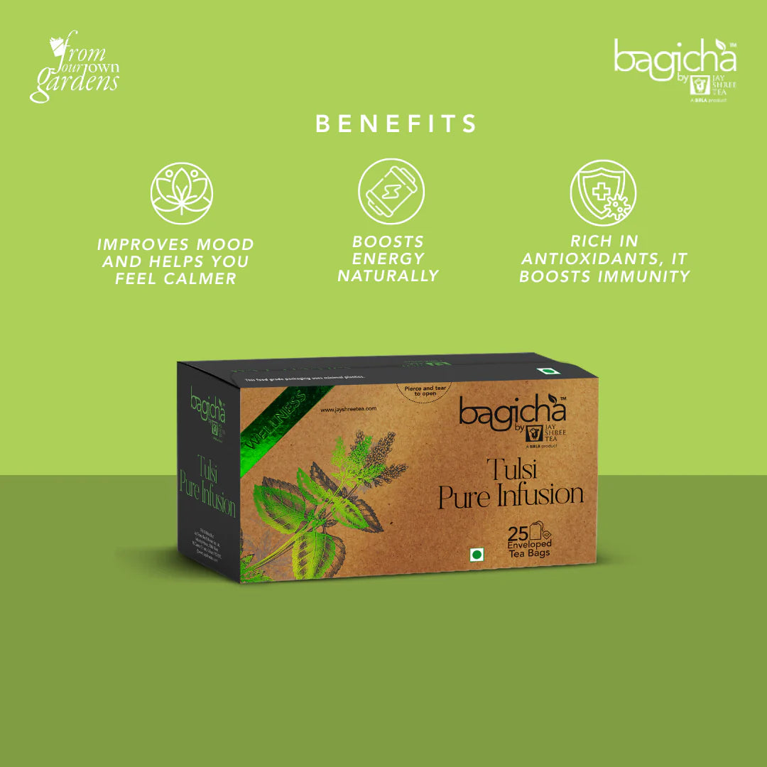 Bagicha Tulsi Pure Herbal Infusion Tea Box with Benefits Listed