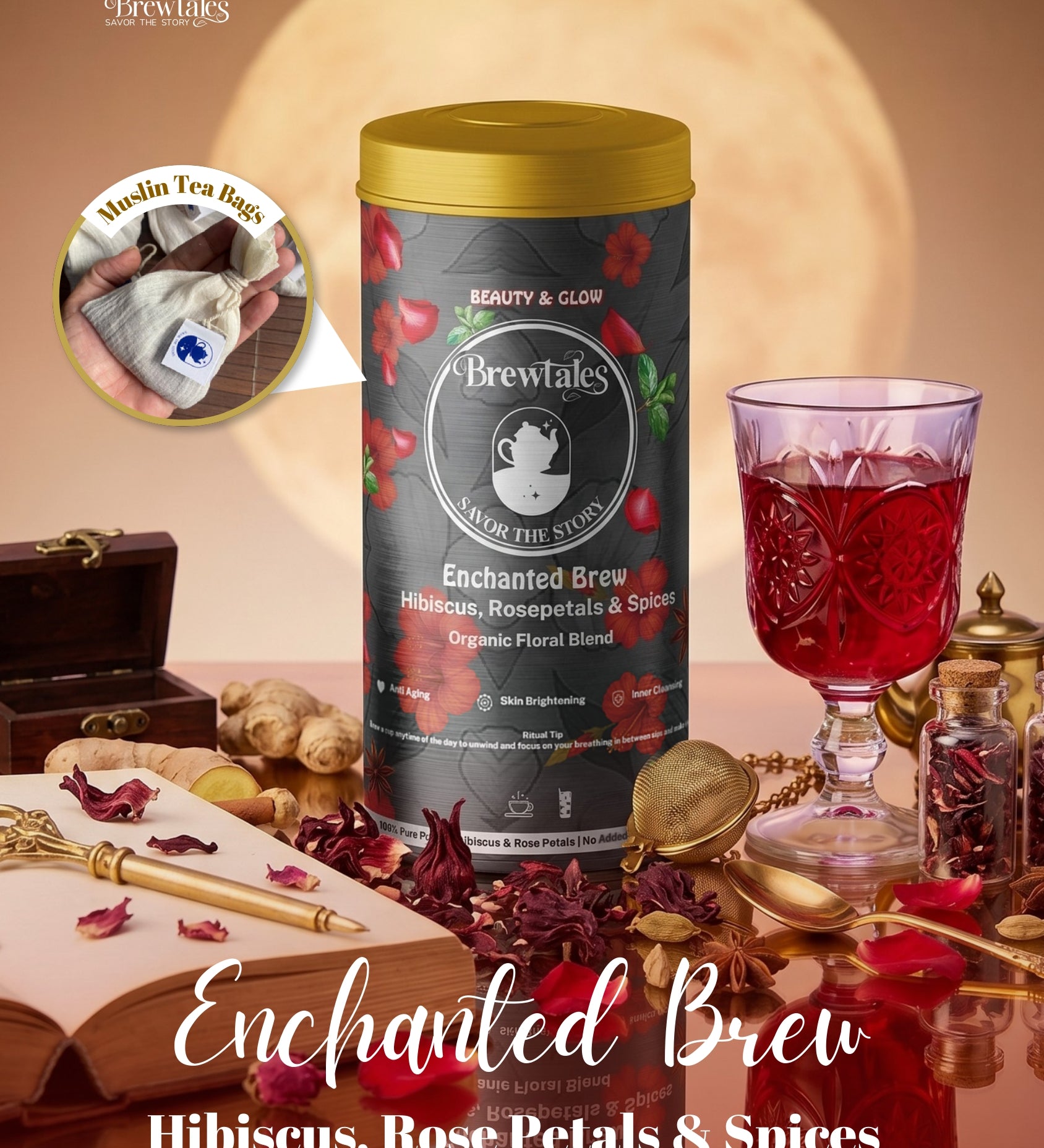 BrewTales Enchanted Brew Organic Floral Infusion with Hibiscus, Rose Petals and Spices for Beauty & Glow – 100% Vegan Floral Blend