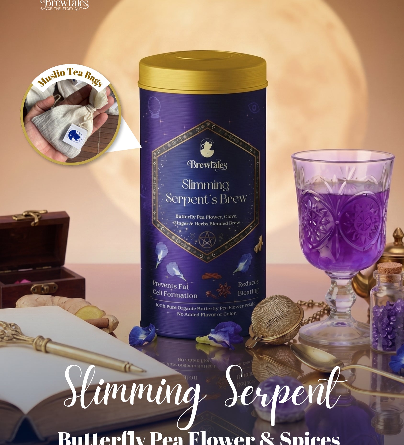 BrewTales Organic Butterfly Pea Slimming Serpent Infusion with Lemon Grass and Spices – 100% Vegan Floral Blend