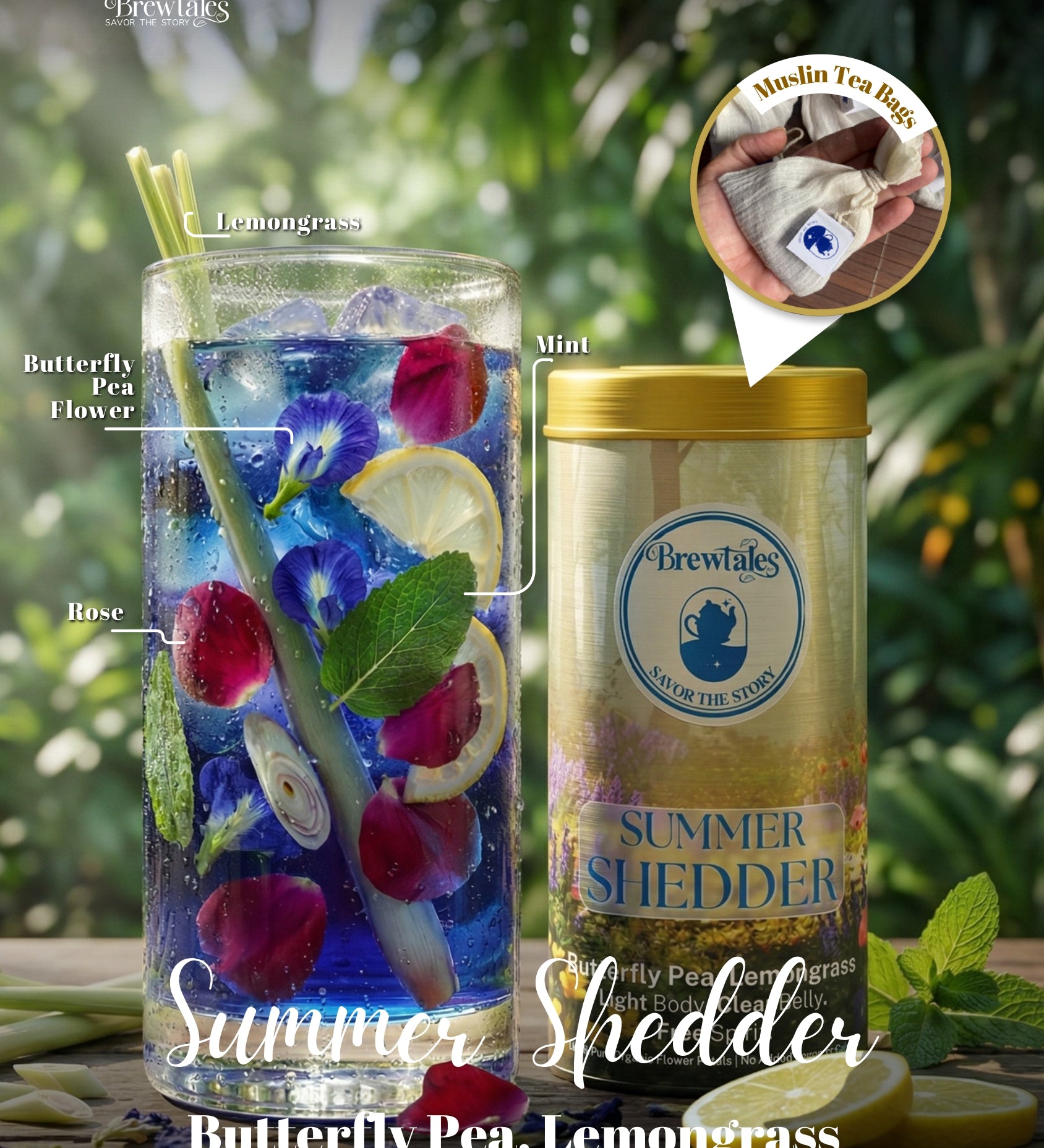 BrewTales Organic Summer Shedder Brew of Lemongrass, Butterfly Pea Flower, Rose and Lavender – 100% Vegan Floral Blend