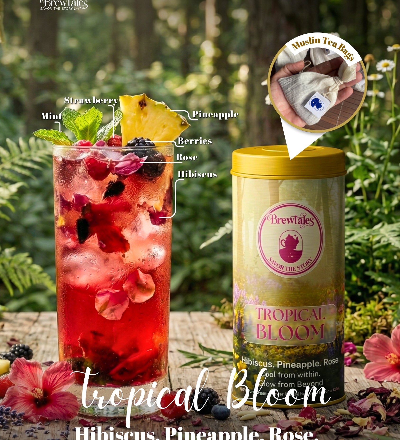 BrewTales Organic Tropical Bloom Infusion of Pineapple, Hibiscus and Rose – 100% Vegan Floral Blend