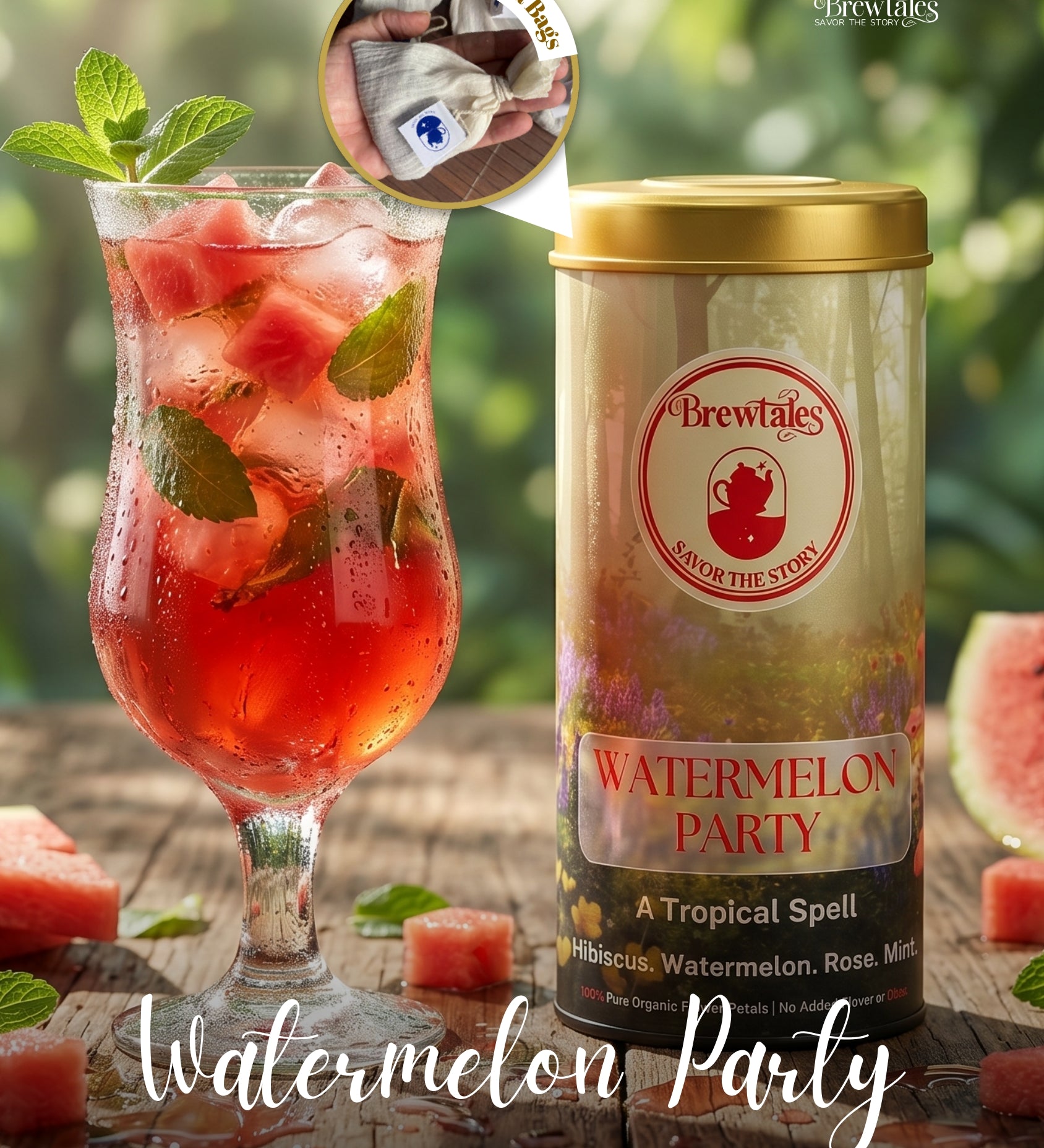 BrewTales Organic Watermelon Party Brew with Hibiscus, Rose and Mint – 100% Vegan Floral Blend