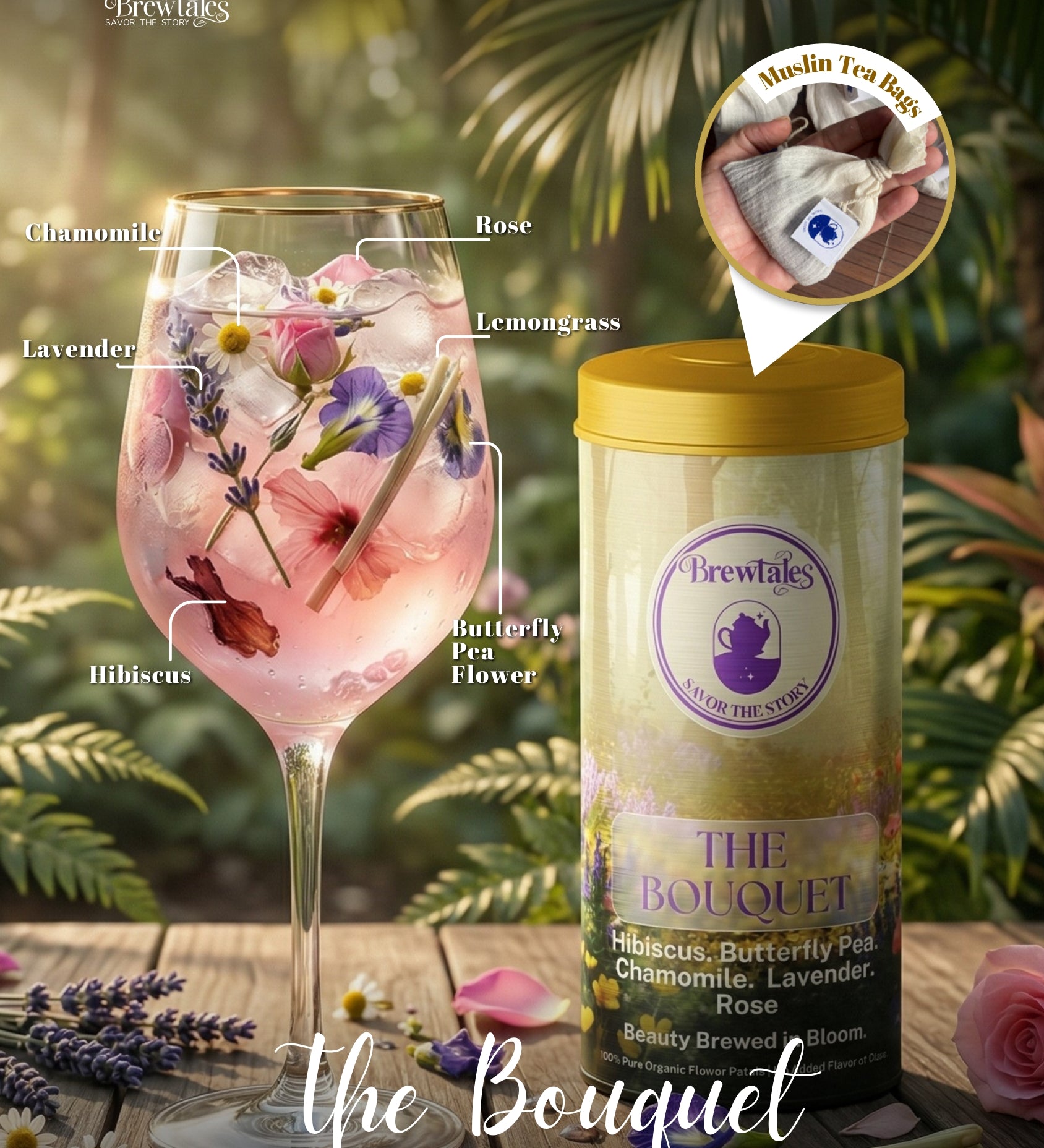 BrewTales The Bouquet Organic Floral Infusion with Hibiscus, Chamomile, Blue Pea Flower, Lavender and Rose – 100% Vegan Floral Blend