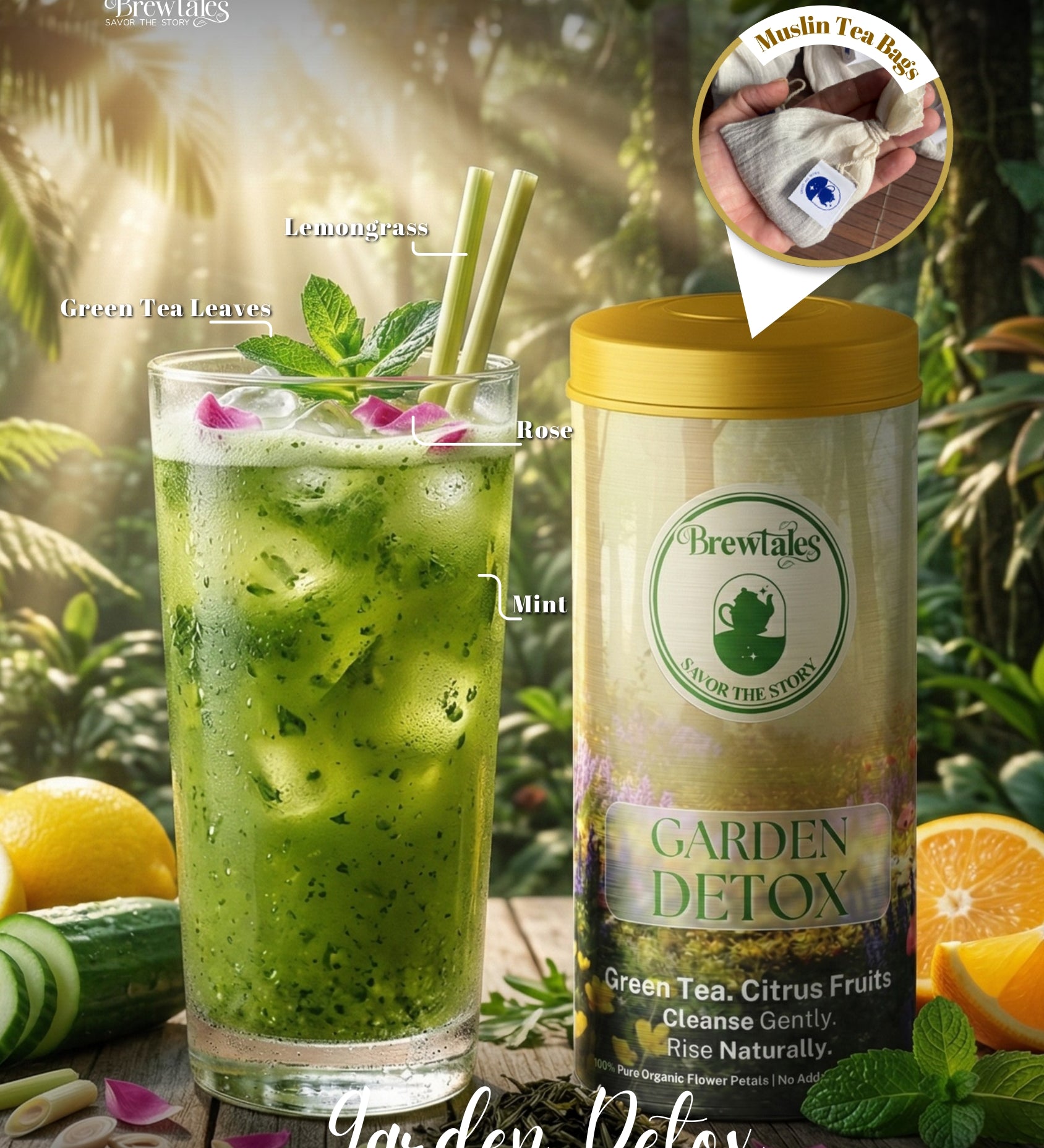 Brewtales Garden Detox Organic Green Tea with Citrus Fruits, Mint and Lemongrass – 100% Vegan Floral Blend