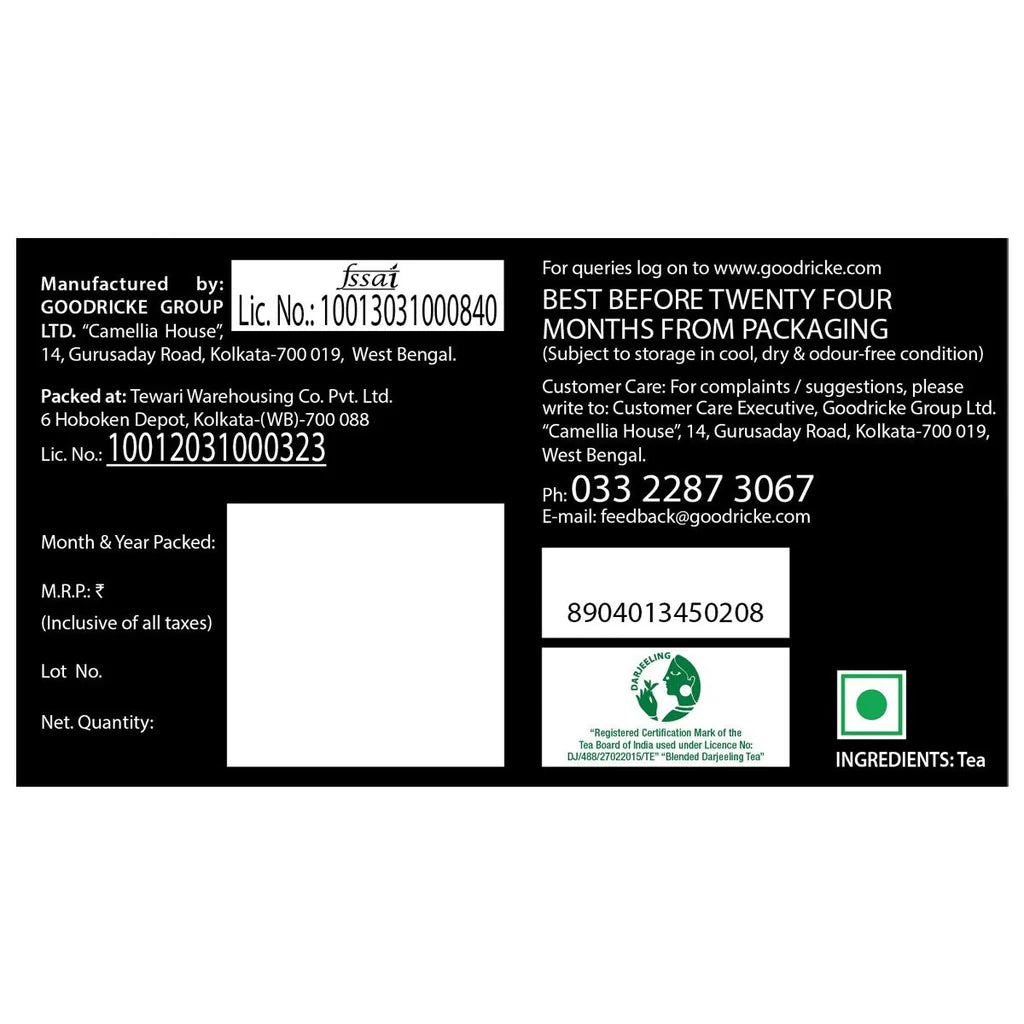 Goodricke Group tea packaging label with contact information