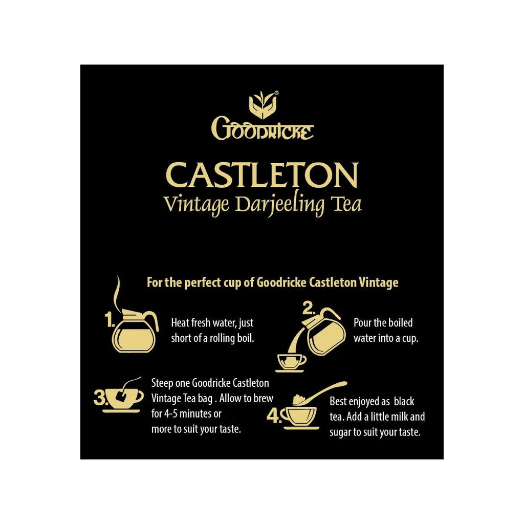 Goodricke Castleton Vintage Darjeeling Tea Packaging with Brewing Instructions