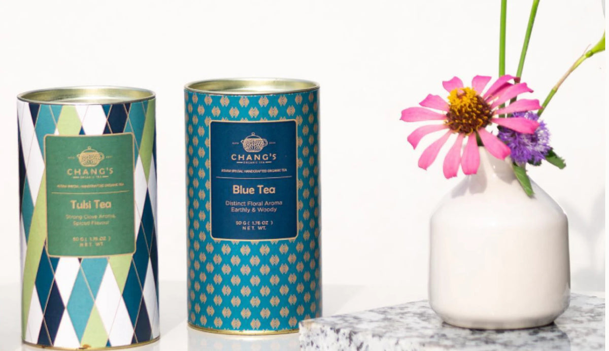 Chang's Organic Tulsi Tea and Blue Tea Can