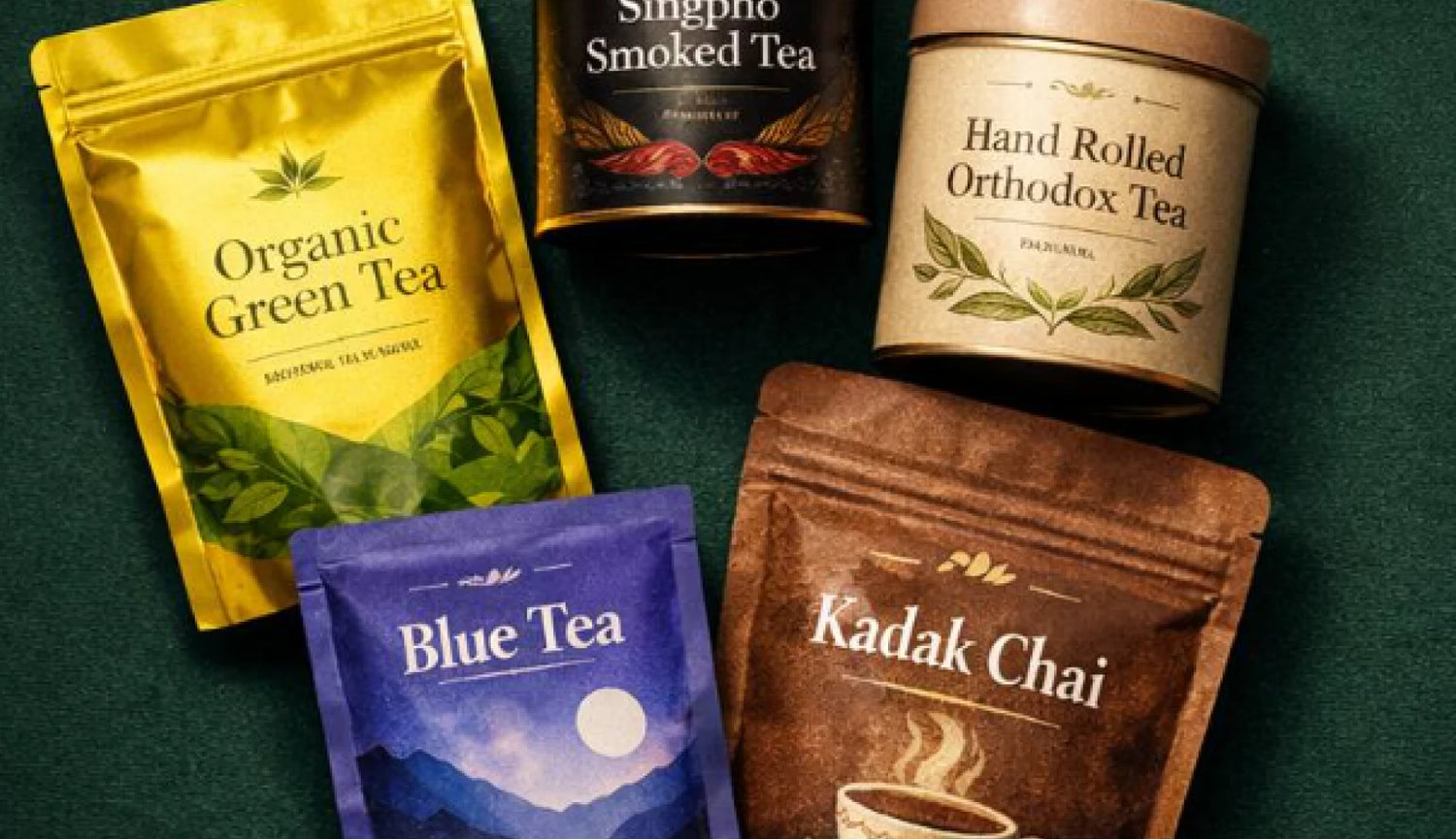 Collection of BonFresh Tea Packs including Organic Green Tea, Blue Tea, Singpho Smoked Tea, and Hand Rolled Orthodox Tea