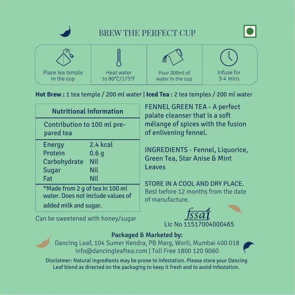 Dancing Leaf Fennel Green Tea Packaging with Brewing Instructions and Nutritional Information