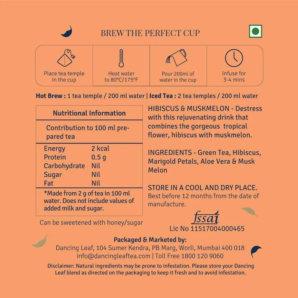 Dancing Leaf Hibiscus & Muskmelon Tea Packaging with Brewing Instructions