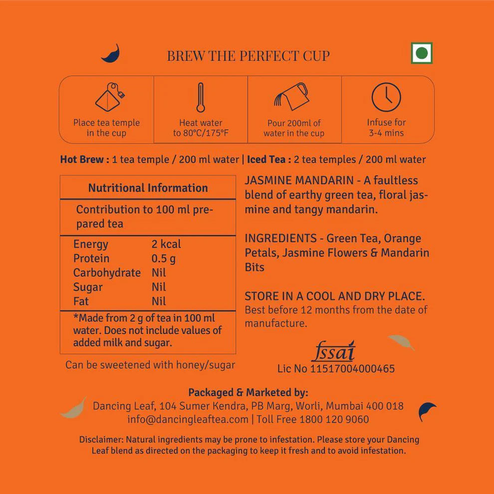 Dancing Leaf Jasmine & Mandarin Tea Brewing Instructions and Nutritional Information