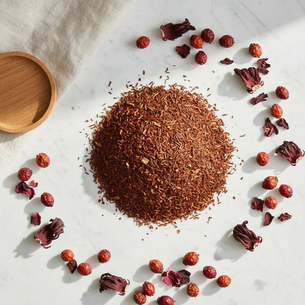 Dried Rooibos Tea Leaves and Hibiscus Flowers