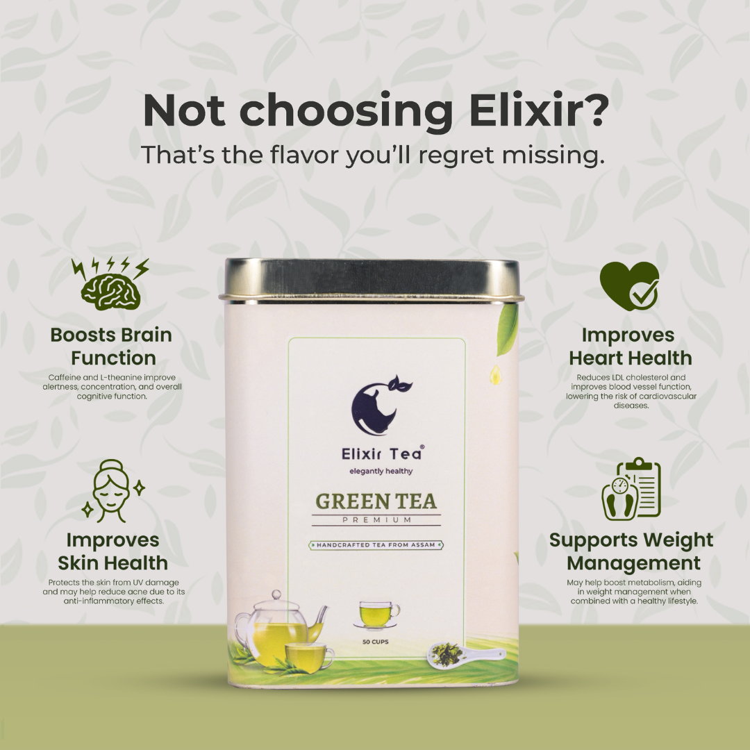 Elixir tea green tea canister with health benefits information