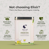Elixir tea green tea canister with health benefits information