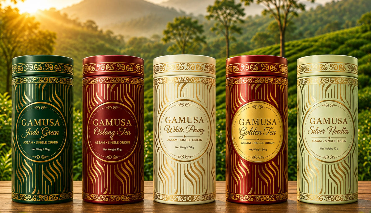 Gamusa Jade Green, Oolong Tea, White Peany, Golden Tea, and Silver Needles