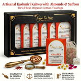 Kangra Tea House GhaaTEA 100% Organic Kashmiri Kahwa with Saffron & Almond First Flush Green Tea in Hand Sewn Chemical-Free Cotton Potlis