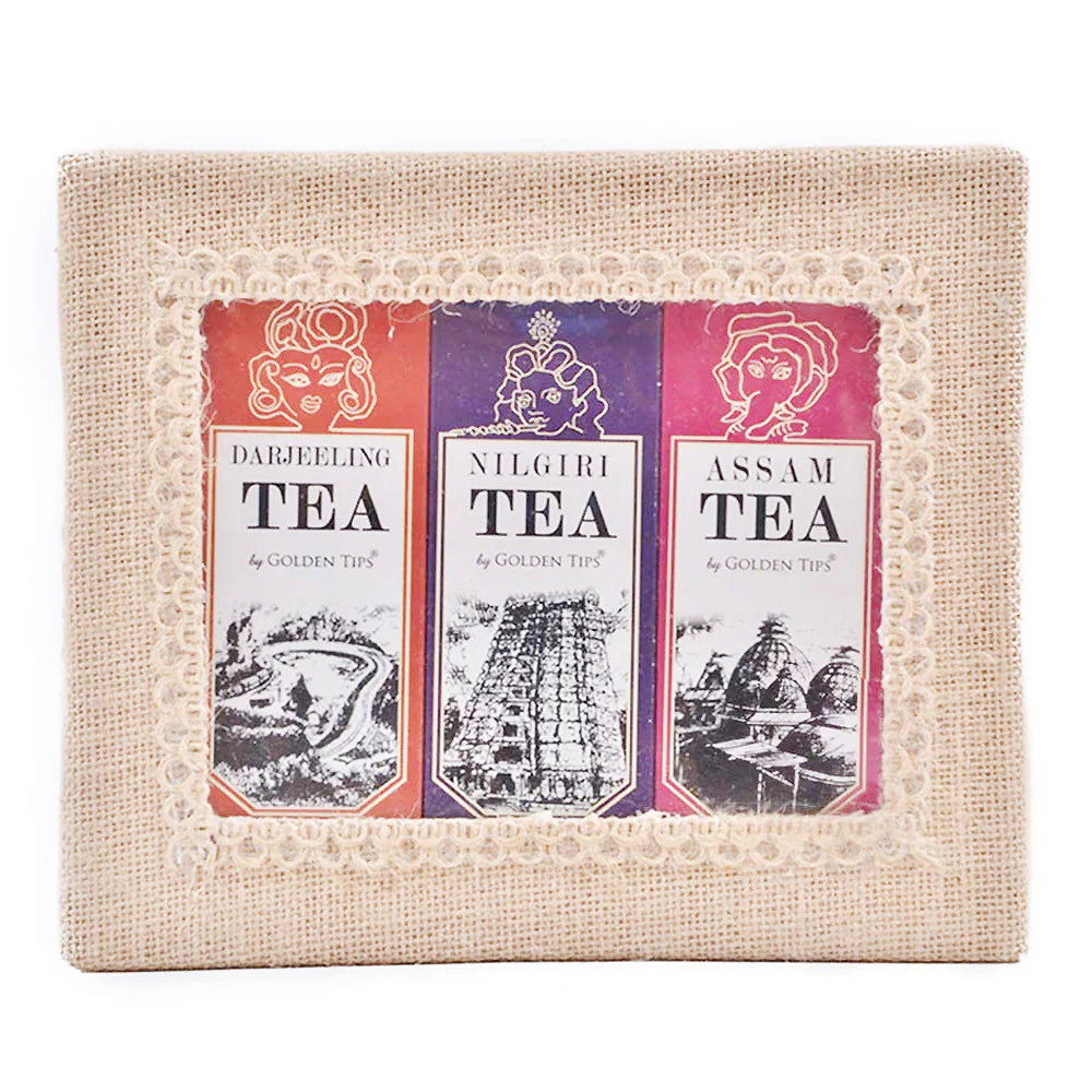 Golden Tips Pack of Assam, Nilgiri, and Darjeeling Tea in Handcrafted Jute Box