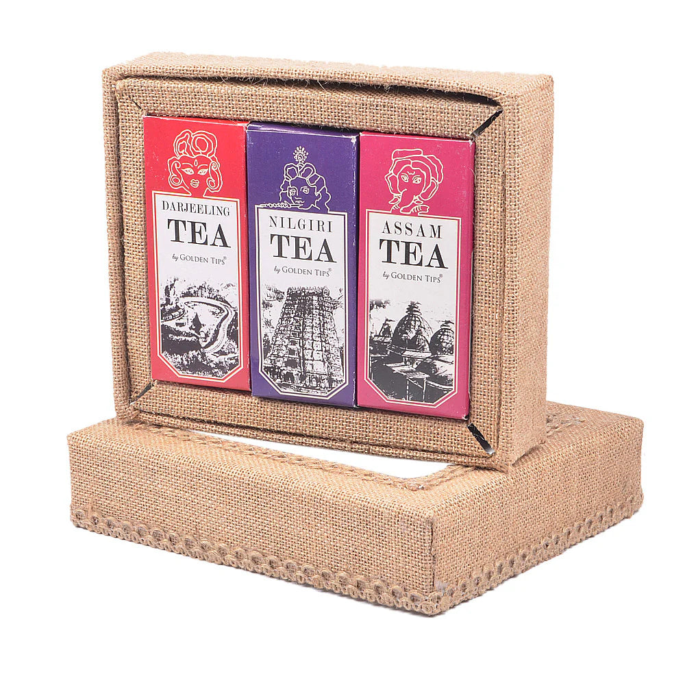 Golden Tips 3-in-1 Darjeeling, Assam & Nilgiri Black Teas in Handcrafted Jute Box
