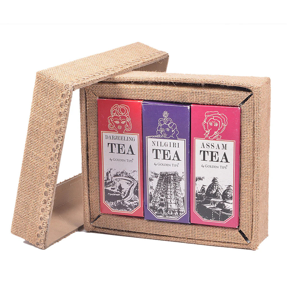 Golden Tips 3-in-1 Delightful Black Teas (Darjeeling, Assam & Nilgiri) in Handcrafted Jute Box
