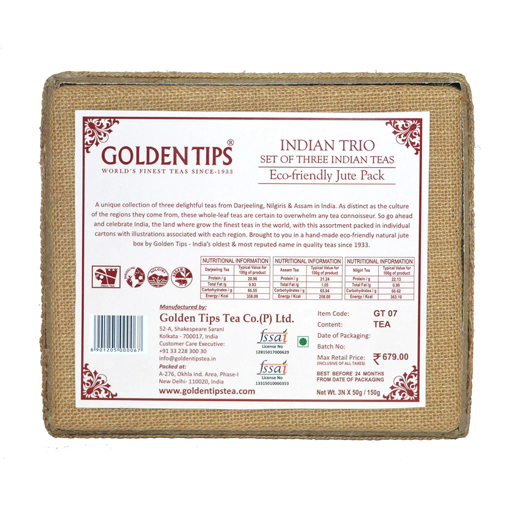 Golden Tips Set of 3 Trio Pack Darjeeling, Assam & Nilgiri in Handcrafted Jute Box
