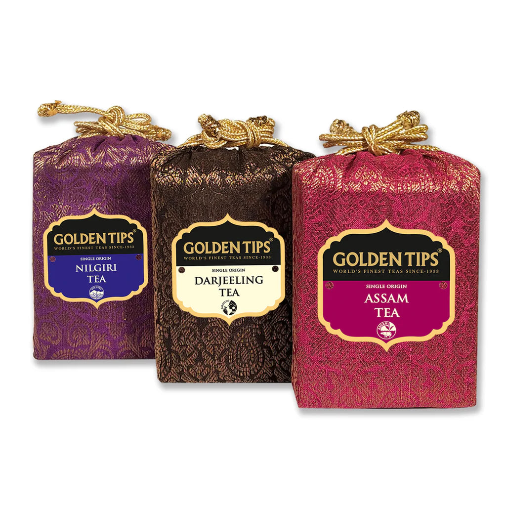 Golden Tips 3-in-1 Indian Tea Trio Black Tea - Darjeeling, Assam & Nilgiri in Royal Brocade Cloth Bag