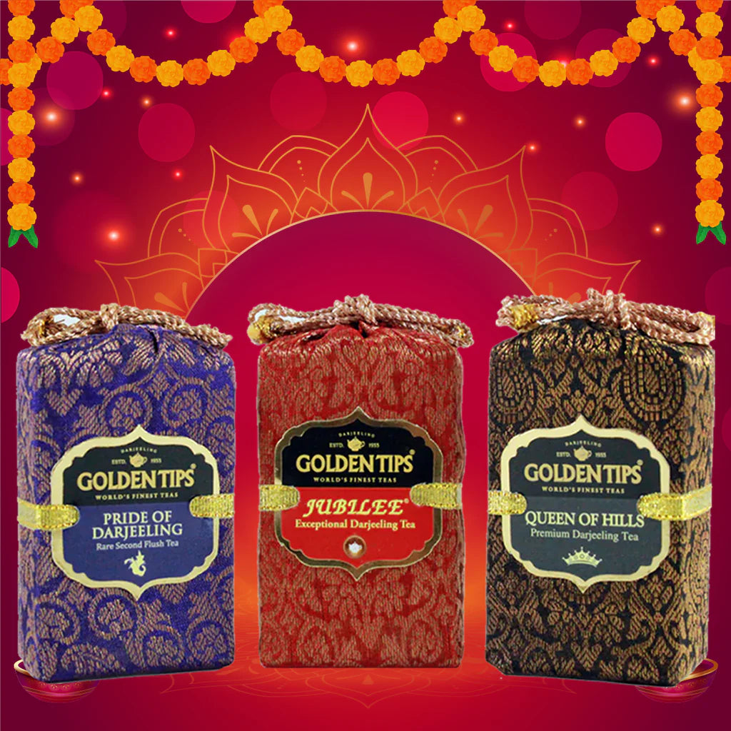 Golden Tips 3-in-1 – A Curated Collection of Darjeeling’s Finest Teas – Queen of Hills, Jubilee and Pride of Darjeeling in Velvet Bag