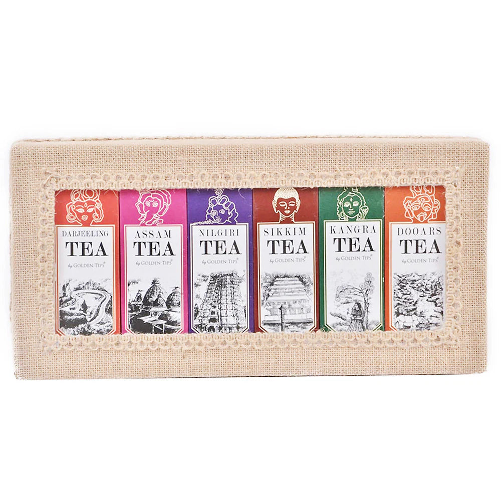 Golden Tips 6-in-1 Delightful Teas-Darjeeling, Assam, Nilgiri, Sikkim, Kangra & Dooars in Handcrafted Jute Box
