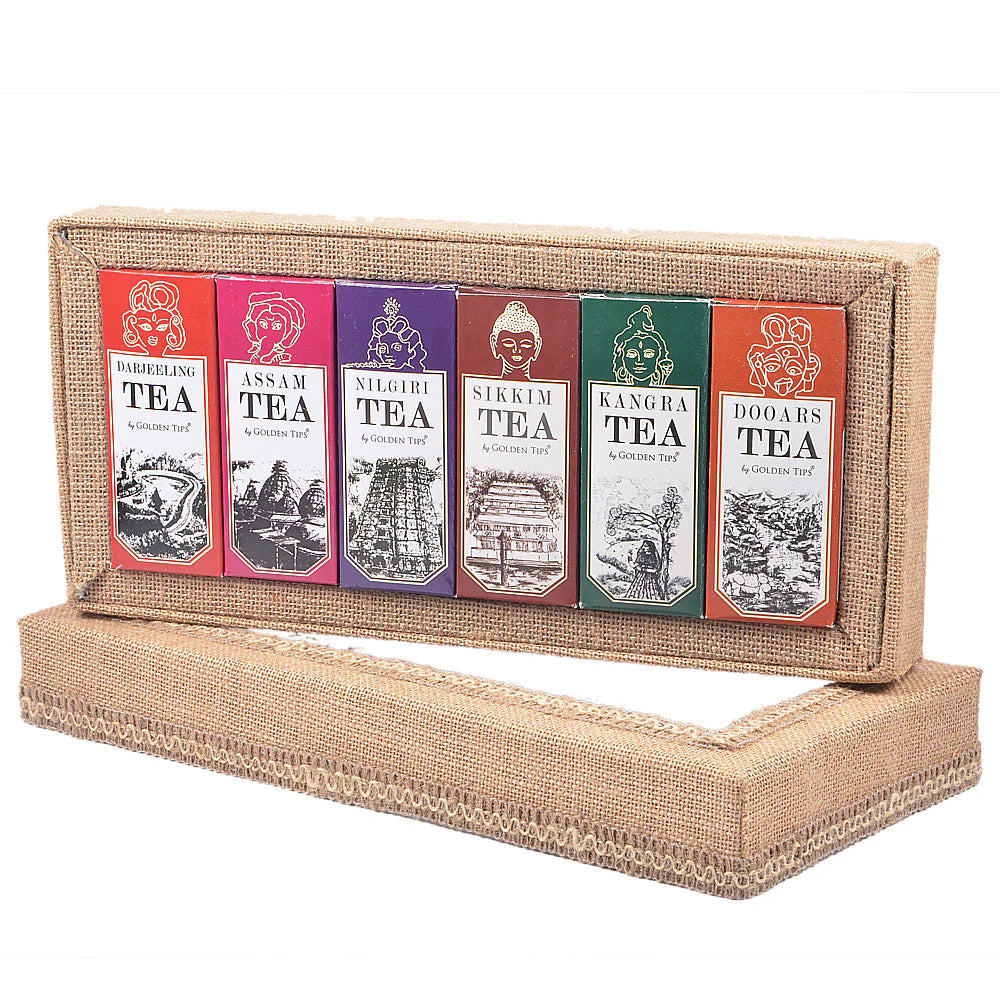 Golden Tips 6-in-1 Indian Tea Collection in Handcrafted Jute Box – Darjeeling, Assam, Nilgiri, Sikkim, Kangra & Dooars