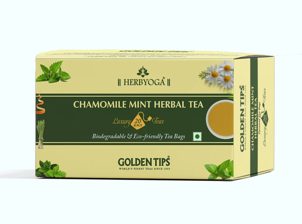 Golden Tips Herbyoga Chamomile Mint Green Tea Box