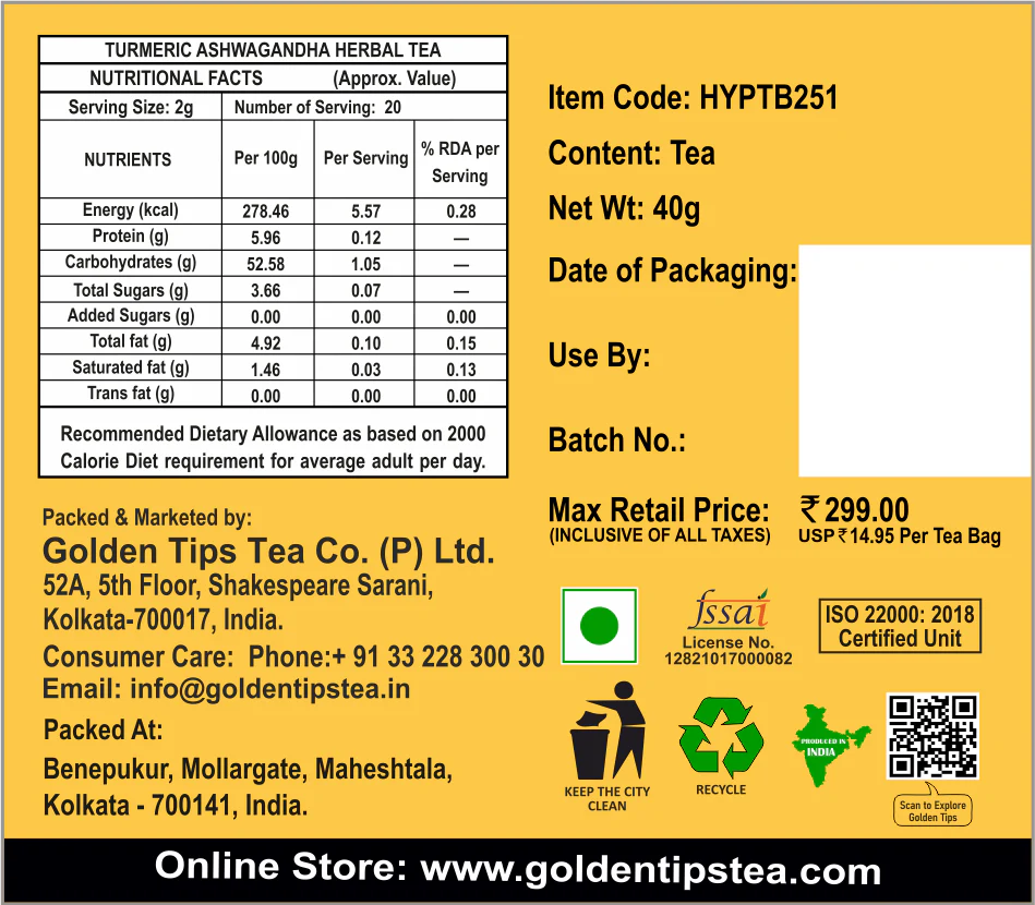 Golden Tips Herbyoga Turmeric Ashwagandha Herbal Tea Packaging with Nutritional Facts