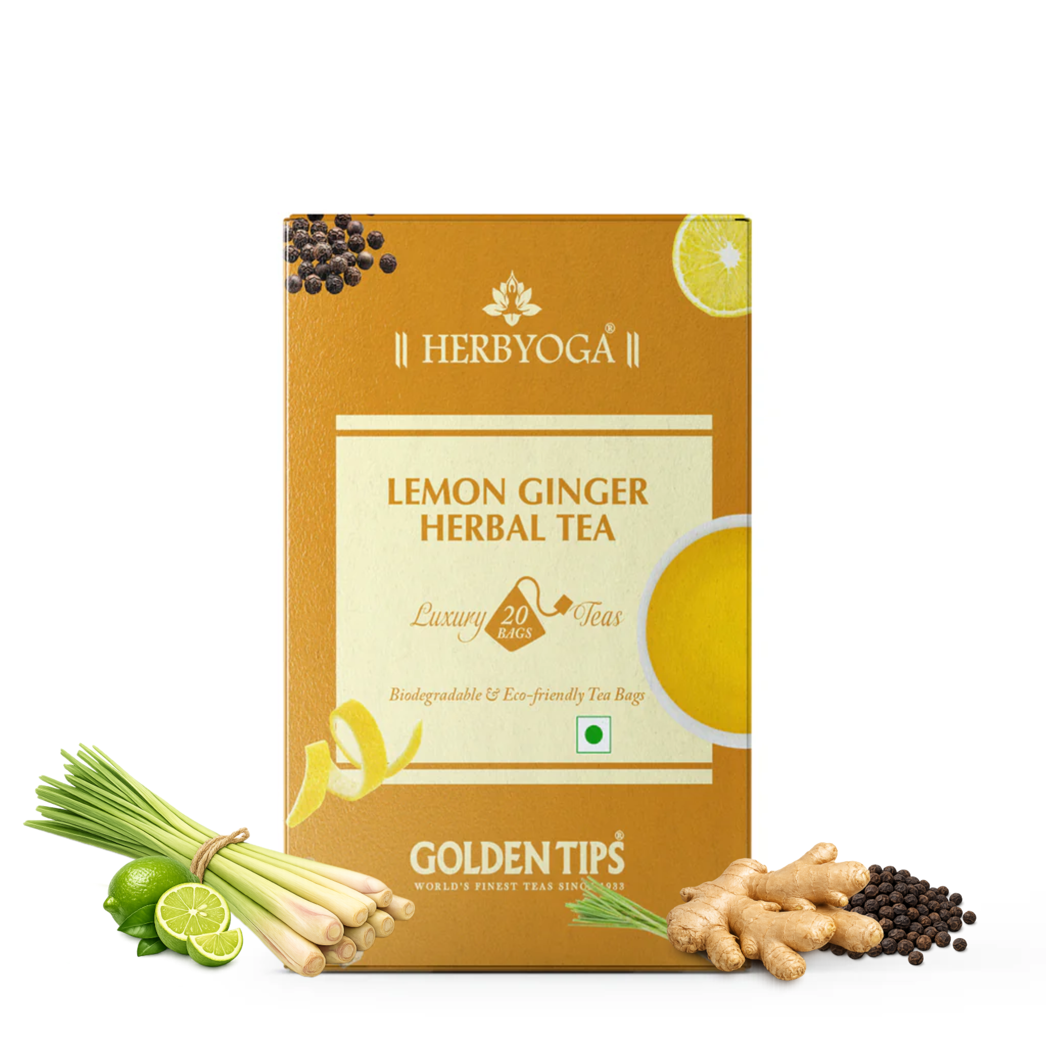 Golden Tips Herbyoga Lemon Ginger Herbal Tea Box