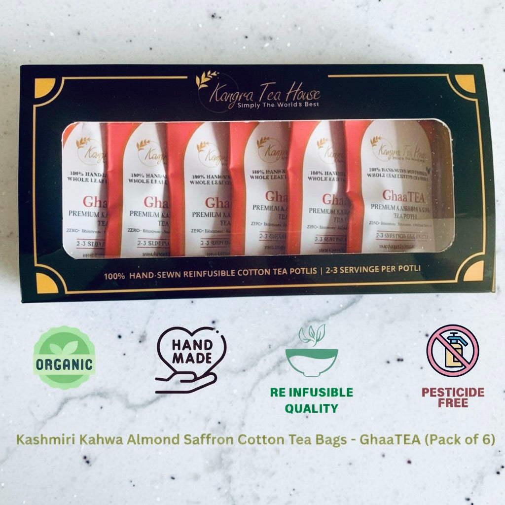 Kangra Tea House GhaaTEA Kashmiri Kahwa Almond Saffron Cotton Potlis Tea Box