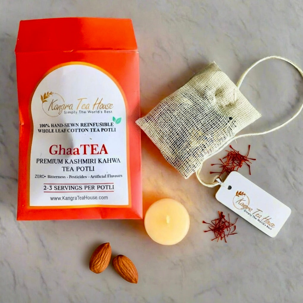 Kangra Tea House GhaaTEA Kashmiri Kahwa in Hand Sewn Chemical-Free Cotton Potli