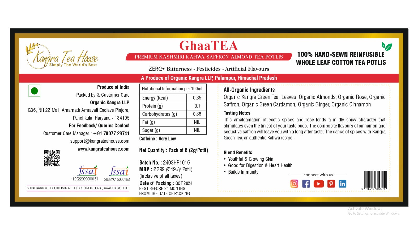 Kangra Tea House GhaaTEA Packaging with Nutritional Information, Ingredients and Benefits