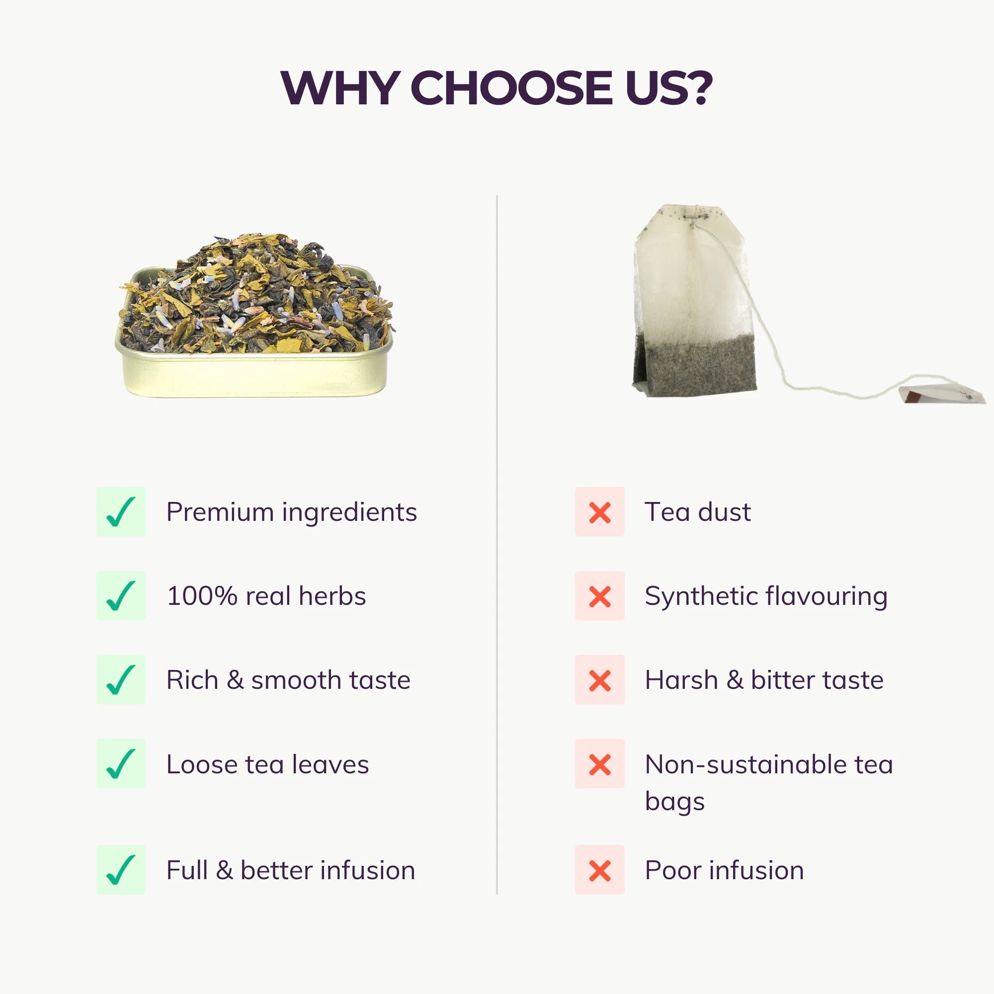 Comparison chart of loose tea leaves and tea bag