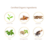Certified Organic Ingredients including green tea, turmeric, liquorice, tulsi, ashwagandha, and black pepper