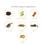 Certified organic ingredients including black tea, green cardamom, cinnamon, black pepper, liquorice, cloves, and ginger