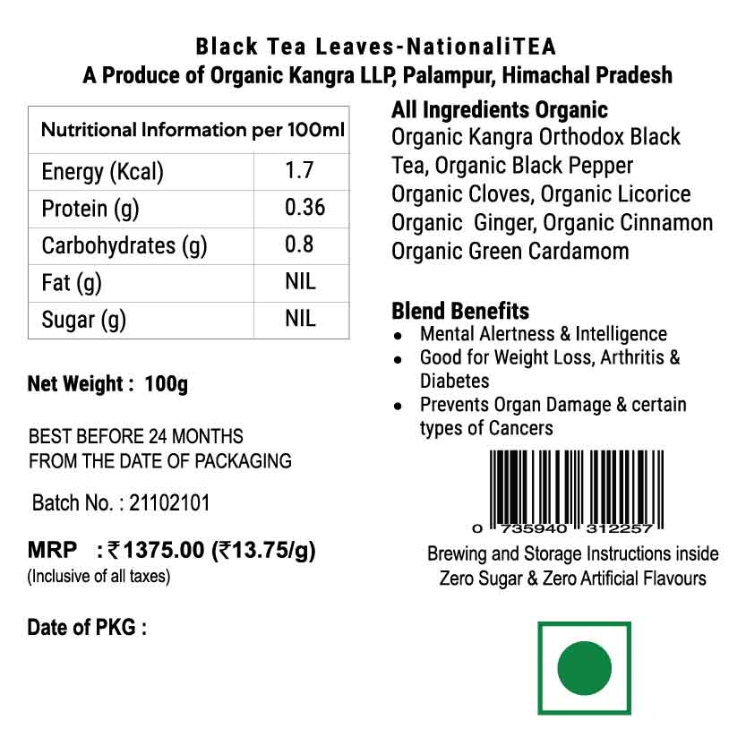 Himalayan NationaliTEA Label with nutritional information and ingredients