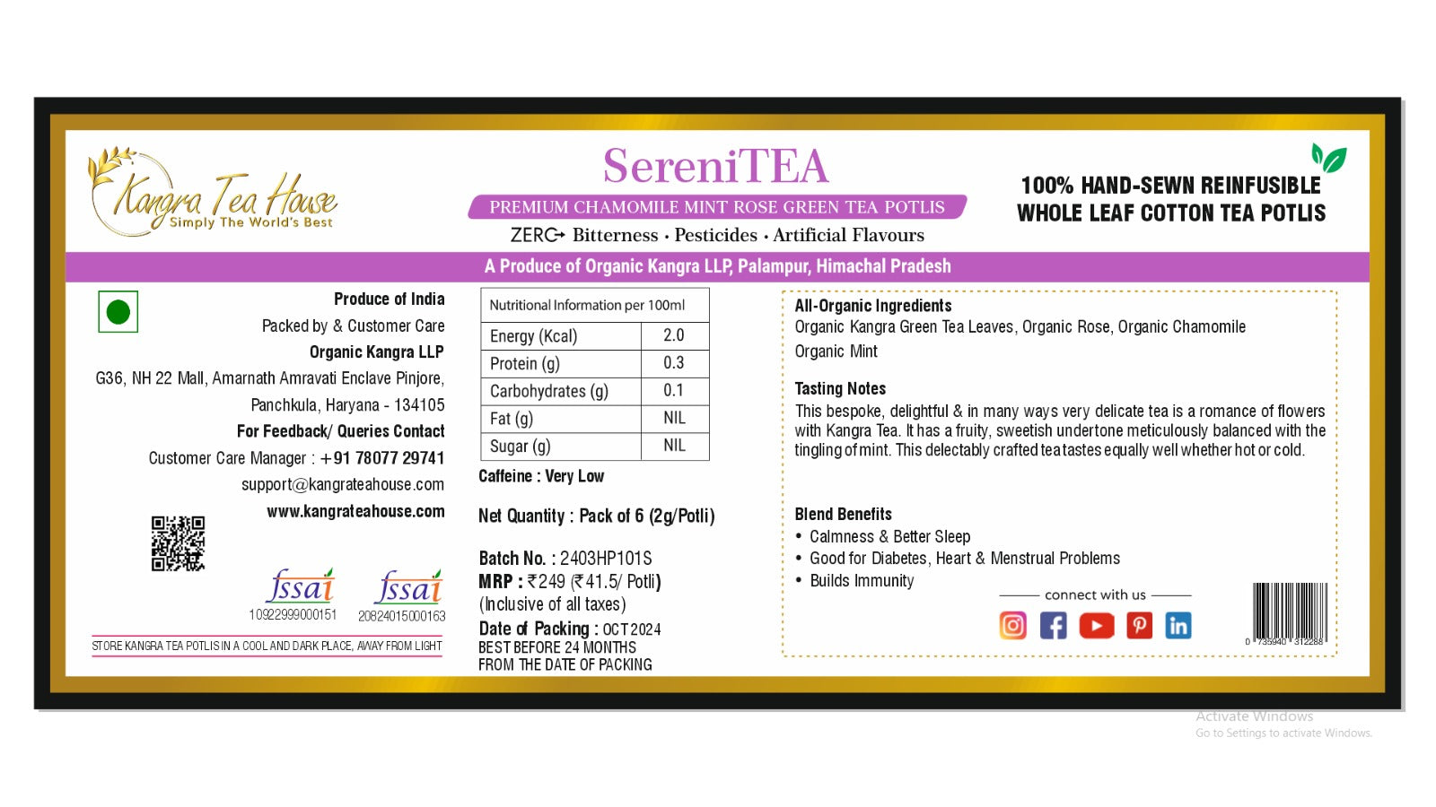 Kangra Tea House SereniTEA 100% Organic First Flush Chamomile Mint Rose Green Tea in Hand Sewn Chemical-Free Cotton Potlis
