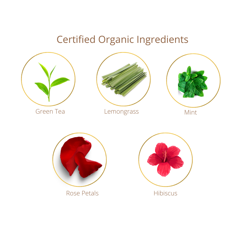Certified organic ingredients including green tea, lemongrass, mint, rose petals, and hibiscus