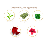Certified organic ingredients including green tea, lemongrass, mint, rose petals, and hibiscus